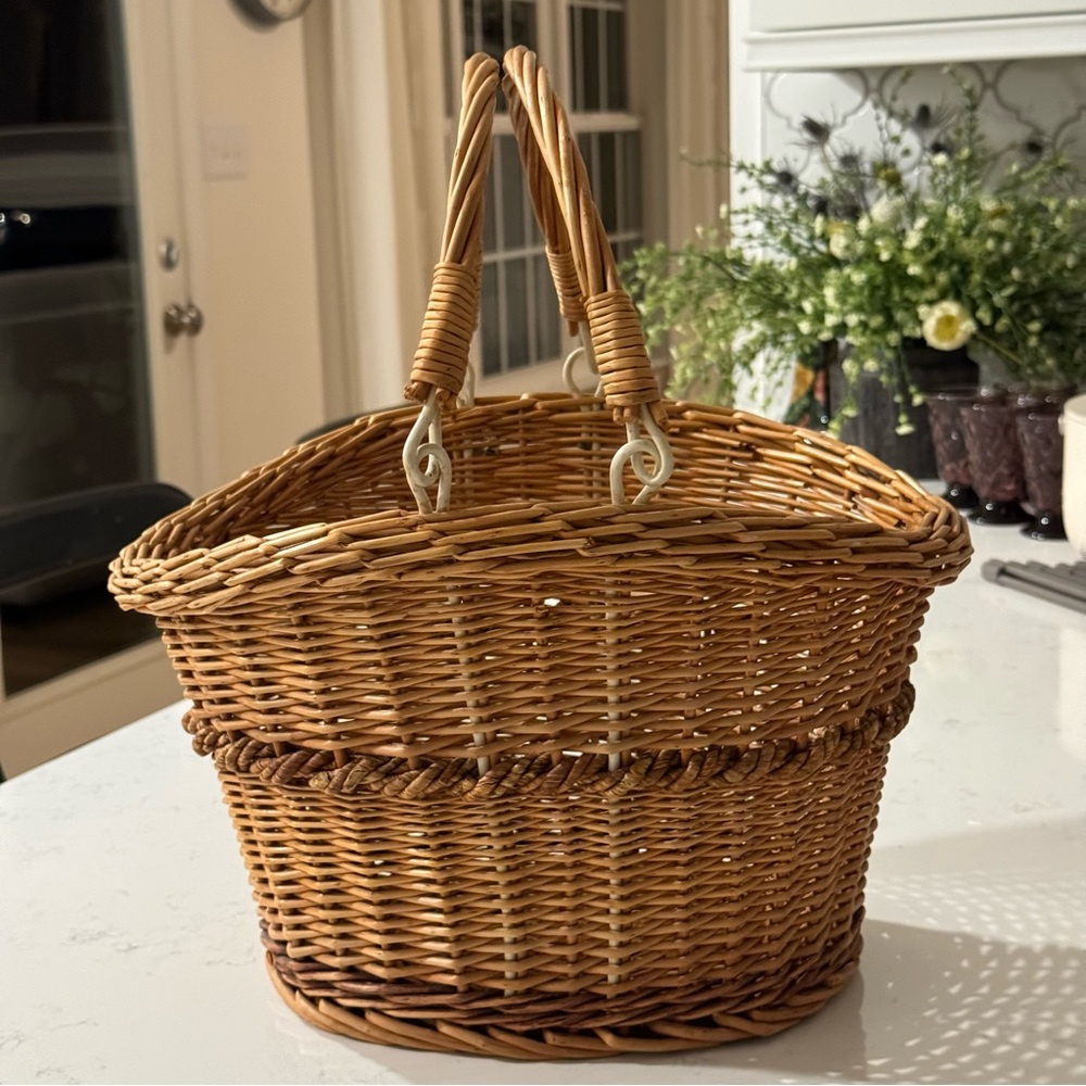 Vintage Hand Woven Oval Gathering Harvest Basket With Handles